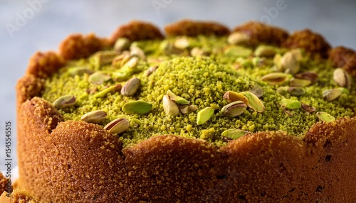 closeup of a pistachio crusted cake