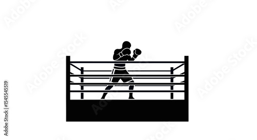 Silhouette of a Boxer in Motion Demonstrating a Powerful Stance in a Boxing Ring Isolated on White Background