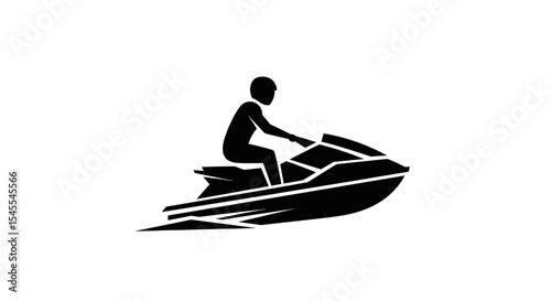 Silhouette of a Person Riding a Jet Ski Creating Splash Waves Isolated on White Background