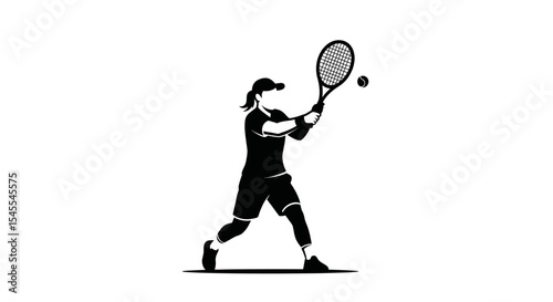 Silhouette of a Female Tennis Player Executing a Powerful Swing with a Racket Isolated on White Background