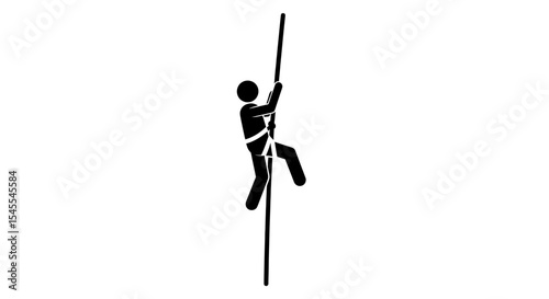 Silhouette of a Climber Ascending a Vertical Pole Wearing Safety Gear Isolated on White Background
