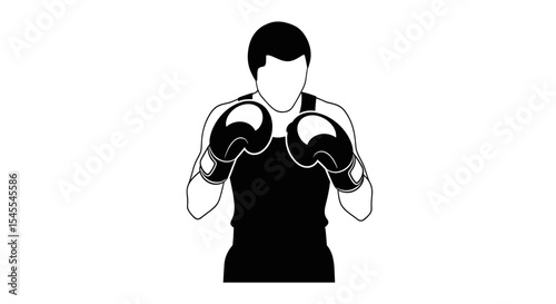 Male Boxer in Fighting Stance with Black Gloves and Sleeveless Top Isolated on White Background
