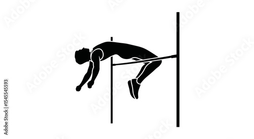 Silhouette of Athlete Performing High Jump Technique Over Horizontal Bar Isolated on White Background