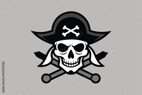 Cartoon Pirate Skull Wearing Hat with Crossed Swords on Gray Background