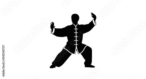 Silhouette of a Martial Artist Practicing Tai Chi in a Focused Stance Isolated on White Background