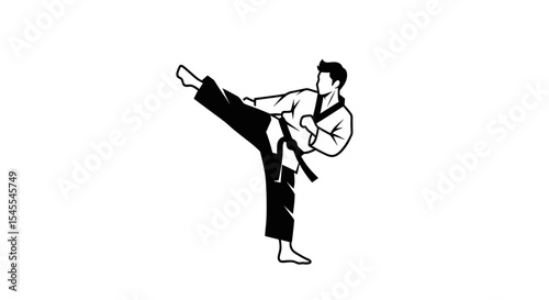 Martial Artist Executing a High Kick in Full Karate Gi with Intense Expression Isolated on White Background