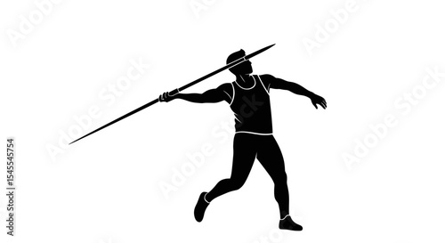 Silhouette of Male Athlete Throwing Spear During Competition Isolated on White Background