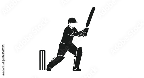 Silhouette of a Cricket Batsman Playing a Shot During a Match Isolated on White Background