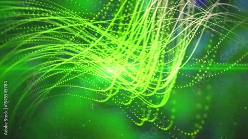 A vibrant display of green light trails creating dynamic patterns against a dark background.