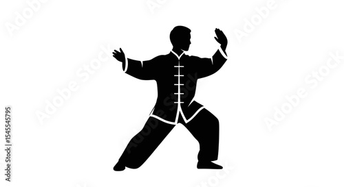 Silhouette of a Person Performing Tai Chi in a Traditional Outfit Isolated on White Background