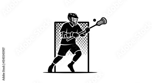 Silhouetted Lacrosse Player in Motion Preparing to Shoot at a Goal Isolated on White Background