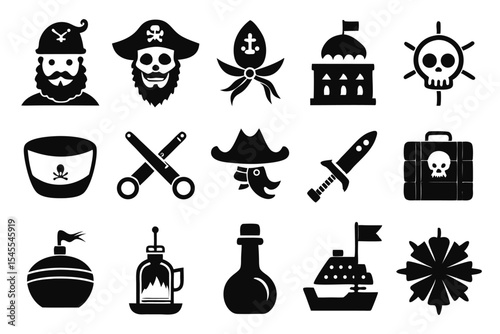 Collection of Pirate Icons in Black and White Silhouette Style