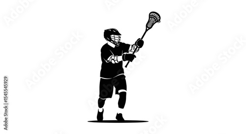Silhouette of a Male Lacrosse Player Taking a Shot with Stick in Action Isolated on White Background