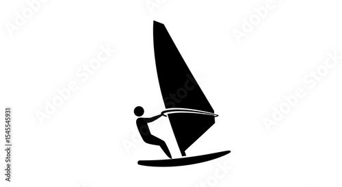 Silhouette of a Windsurfer Skillfully Maneuvering on Calm Waters During a Sunny Day Isolated on White Background