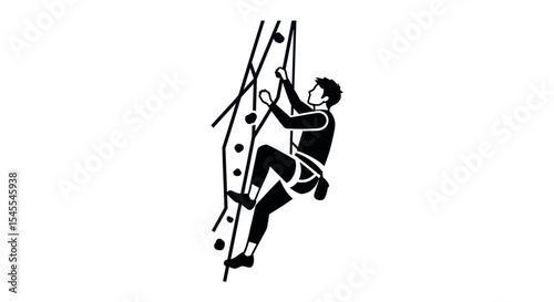 Climber Ascending a Vertical Rock Wall with Safety Gear and Focused Determination Isolated on White Background