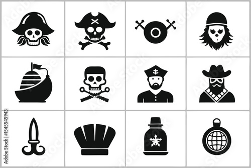 Collection of twelve black and white pirate themed icons and symbols
