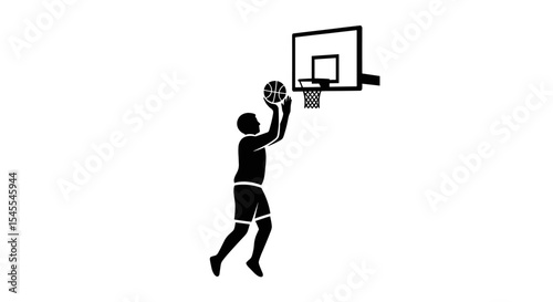 Silhouette of a Basketball Player Jumping to Dunk a Basketball into the Hoop Isolated on White Background