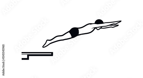 Silhouette of an Athlete Diving into Water from a Board in an Energetic Leap Isolated on White Background