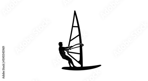 Silhouette of a Windsurfer Maneuvering on the Water with Dynamic Posture Isolated on White Background