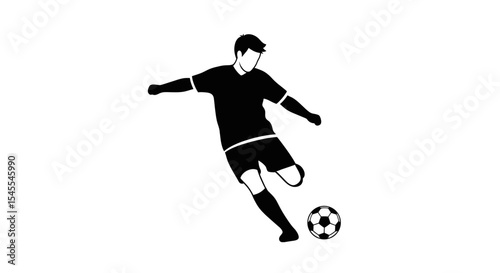 Silhouette of a Soccer Player Executing a Kick with a Ball Isolated on White Background