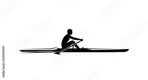 Silhouette of a Single Rower Gliding Smoothly Across Calm Water Creating Gentle Ripples Isolated on White Background