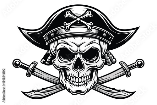 Pirate Skull with Hat and Swords in Black and White Illustration