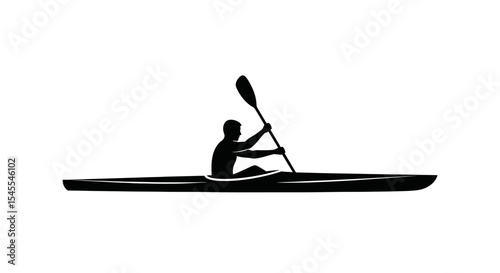 Silhouette of a Kayaker Paddling on Calm Water at Sunset Isolated on White Background