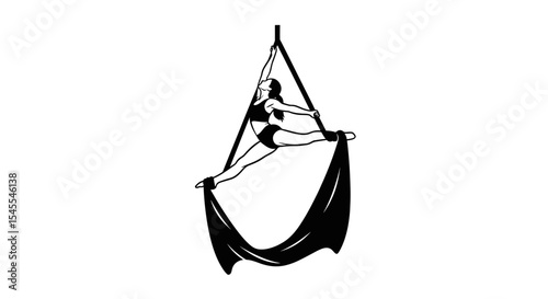 Aerial Dancer Gracefully Performing A Split Pose on Black Fabric Hammock Isolated on White Background