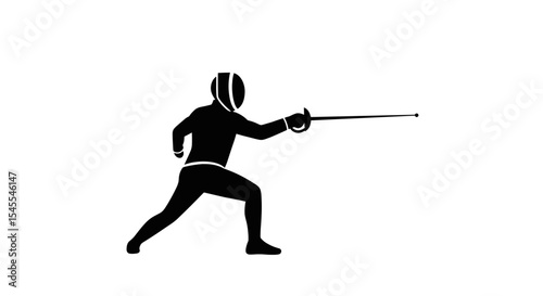 Silhouette of a Fencer in Action Stance Holding Sword Poised for Competition Isolated on White Background