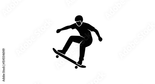 Silhouette of a Skateboarder Performing a Trick Isolated on White Background