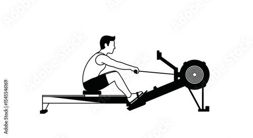 Man Focusing on Technique While Rowing on a Machine in an Indoor Fitness Setting Isolated on White Background