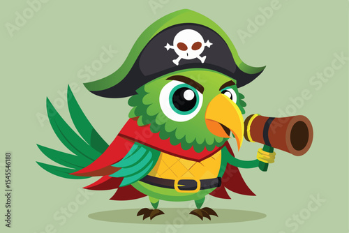 Cartoon parrot pirate with spyglass and hat on a light green background