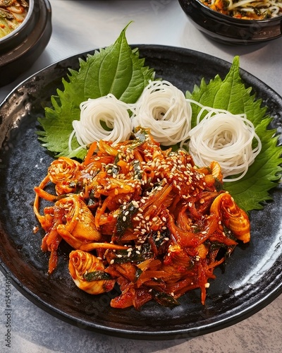 Korean Spicy Sea Snail Salad with Somyeon Noodles – Traditional Banchan Presentatio