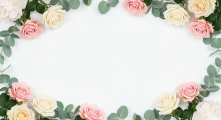 Floral frame with roses and eucalyptus