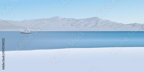 Fishing boat in the sea in winter season have mountain ranges and blue sky background graphic illustration.
