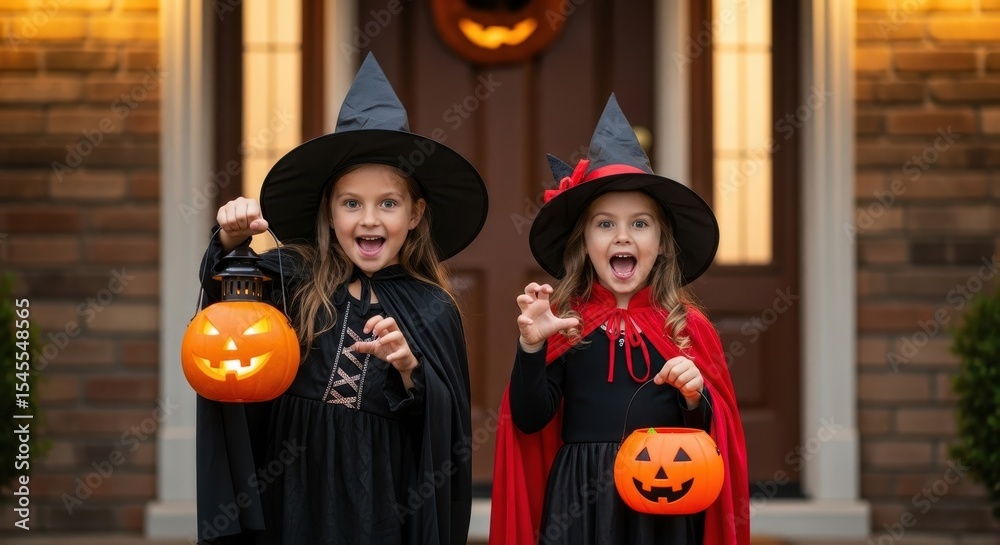 Fototapeta premium Cute Little Witch Sisters Celebrating Halloween Going Trick Or Treating at Front Door With Pumpkin Lanterns