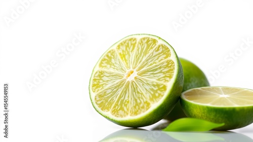 A vibrant lime cut in half reveals its juicy interior alongside whole limes and fresh green leaves on a stark white background.