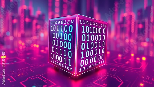 A glowing pink cube displays binary code against a futuristic city backdrop, representing digital data and technology innovation.