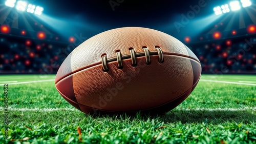 A perfectly aligned American football rests on a lush green field in a brightly lit stadium at night.