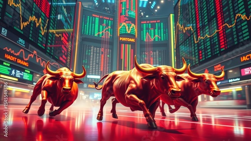 Three bronze bulls charge through a futuristic stock exchange market displaying vibrant financial data and indicators.
