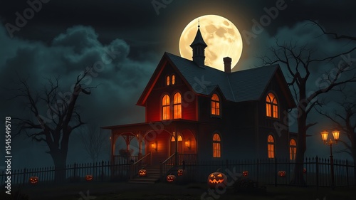 A spooky Victorian haunted house glows ominously under a full moon on a dark and stormy Halloween night.