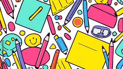 A cheerful colorful pattern of stationery supplies including pencils erasers notebooks and other school items perfect for back to school designs.