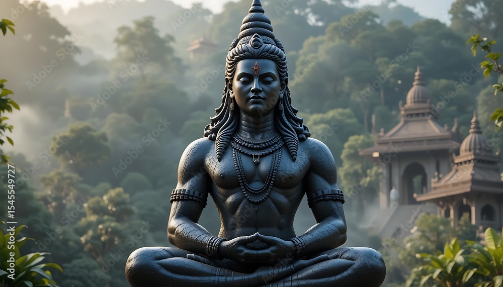 Obraz premium Serene Shiva Statue Amidst Misty Mountains