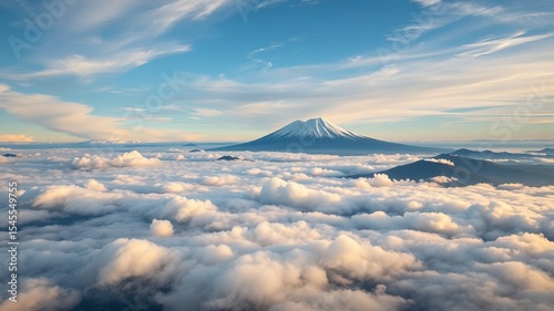 Majestic Mount Fuji rises above a breathtaking sea of clouds under a vibrant sky at sunrise, offe a stunning panoramic view.