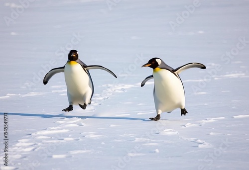 Two penguins playfully chase each other across the ice, leaving a trail of footprints,  black,   natural habitat