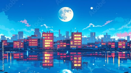 ネオンが美しく輝く1980年代風レトロポップな都会の満月夜景・青とピンクの色合いがノスタルジックで幻想的な都市イラスト背景素材・未来的なエモさ溢れる夜の街並み・美しい都市風景
