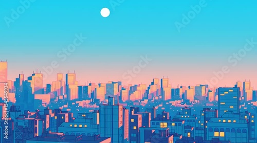 ネオンが美しく輝く1980年代風レトロポップな都会の満月夜景・青とピンクの色合いがノスタルジックで幻想的な都市イラスト背景素材・未来的なエモさ溢れる夜の街並み・美しい都市風景