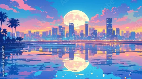 ネオンが美しく輝く1980年代風レトロポップな都会の満月夜景・青とピンクの色合いがノスタルジックで幻想的な都市イラスト背景素材・未来的なエモさ溢れる夜の街並み・美しい都市風景