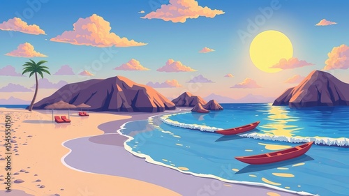 Idyllic tropical beach scene at sunset with calm ocean waves lapping gently on the shore and two red boats peacefully floating.