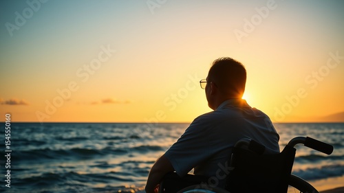 A man in a wheelchair sits on the beach watching a vibrant sunset over the ocean reflecting on life's journey.